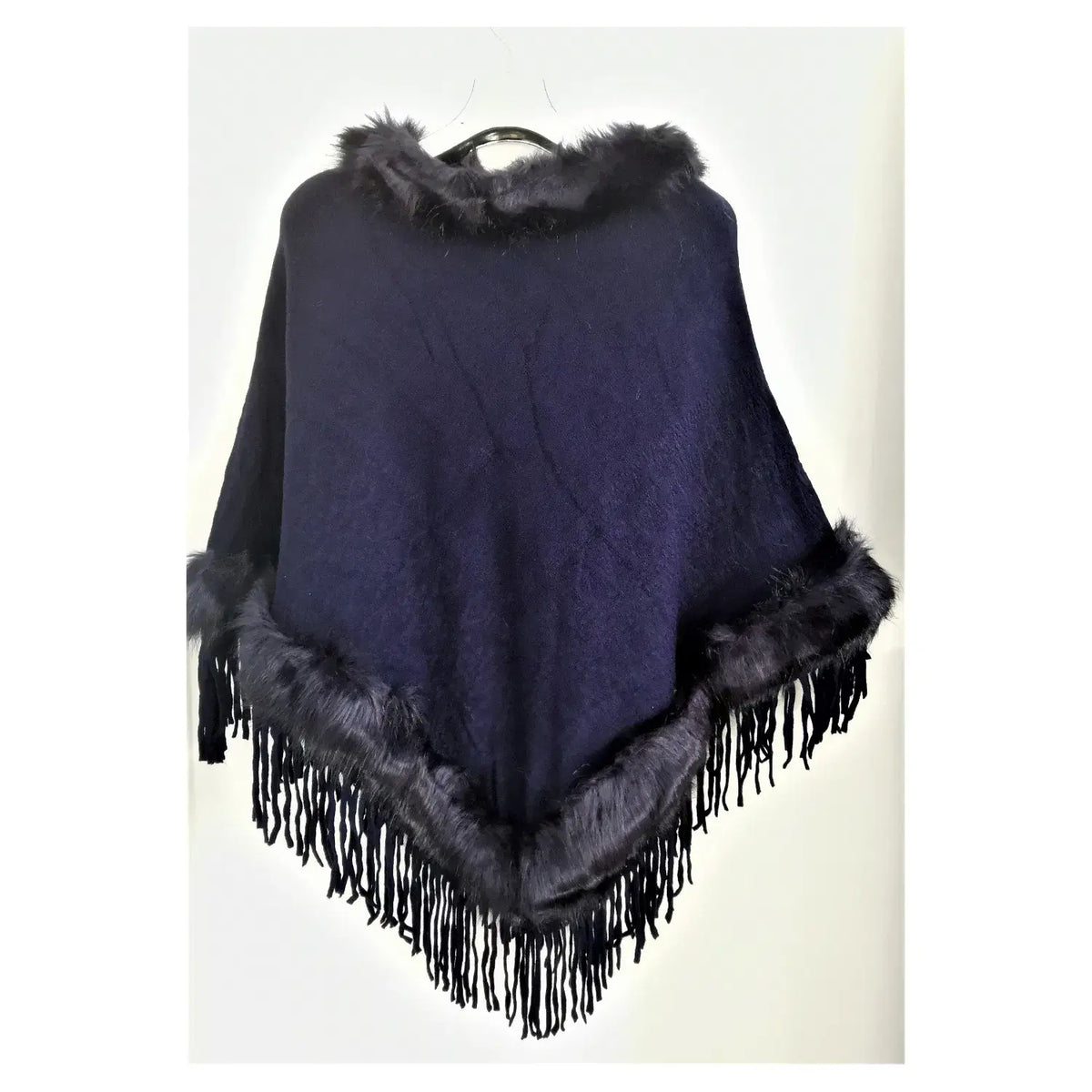 Navy One Size Faux Fur Poncho with Tassel