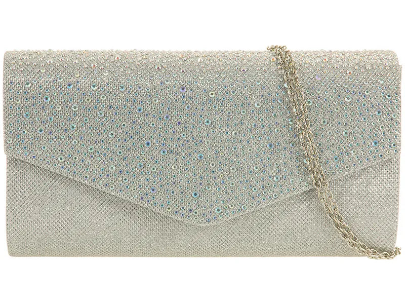 Silver Glitter & Diamante Clutch Bag