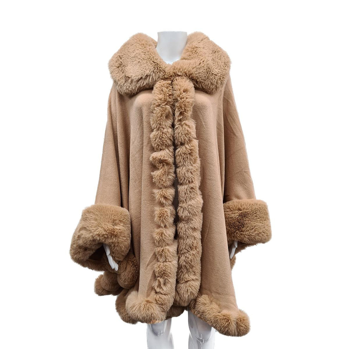 Caramel Beige Faux Fur Trim Poncho Coat