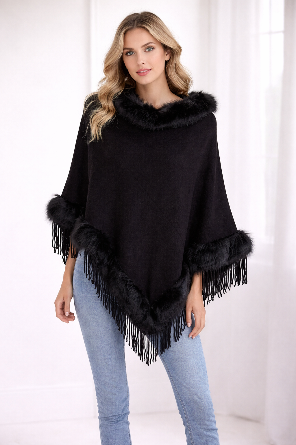 Black One Size Faux Fur Poncho with Tassel
