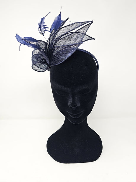 Navy Sinamay Loop & Feather Hairband Fascinator