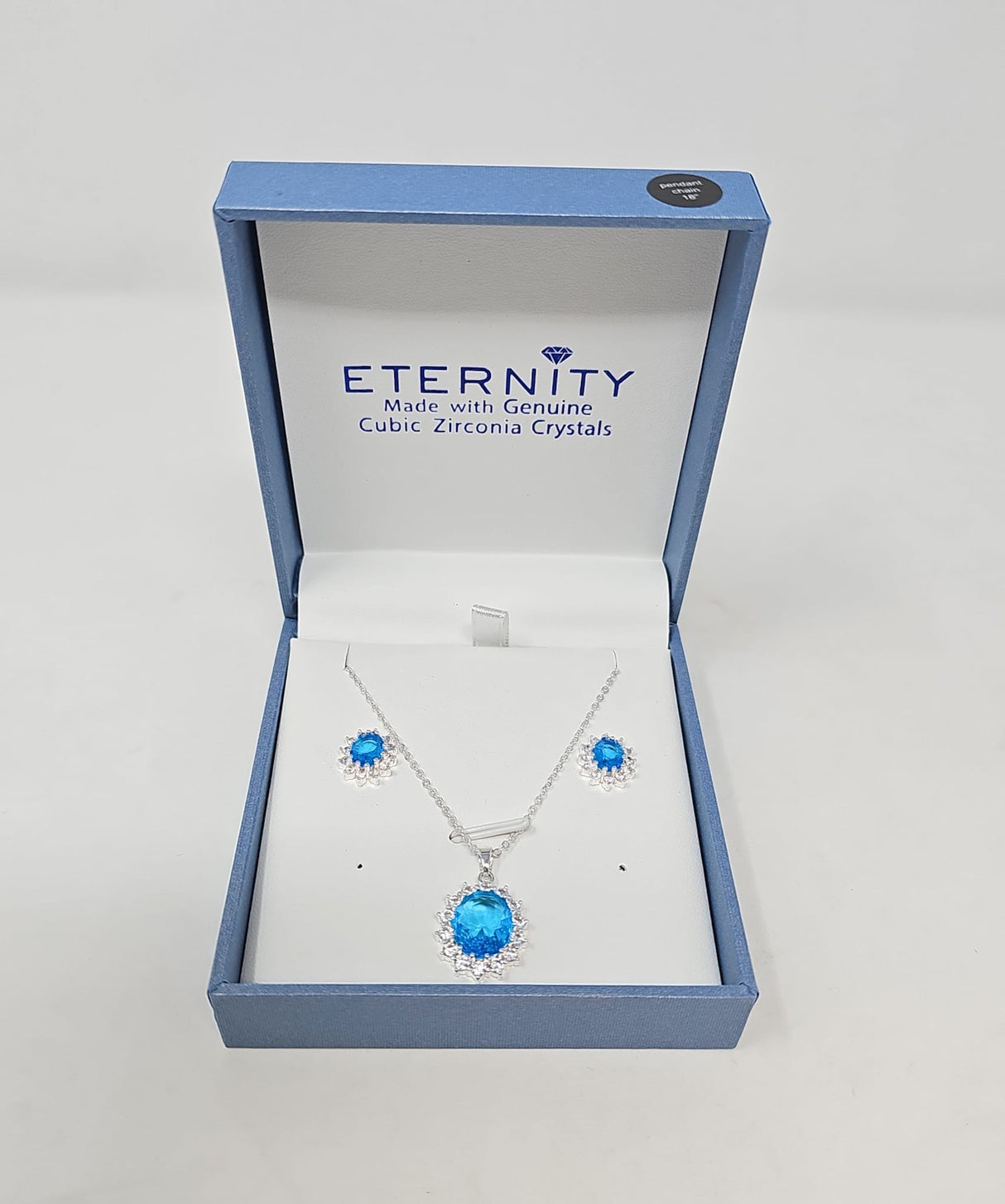 Eternity Cubic Zirconia Silver Blue Oval Drop Necklace & Earrings Set