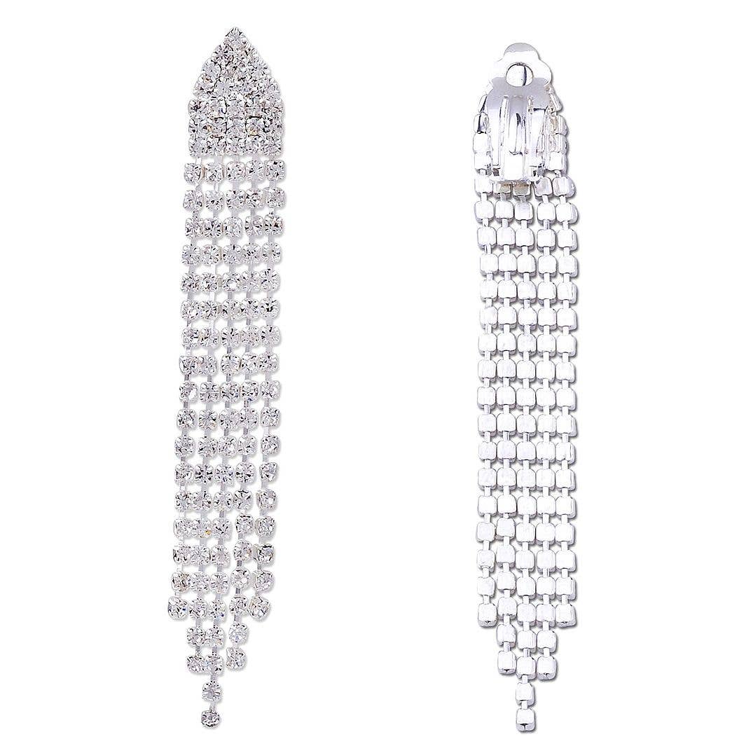 Silver Long Rhinestone Drop Clip-on Earrings