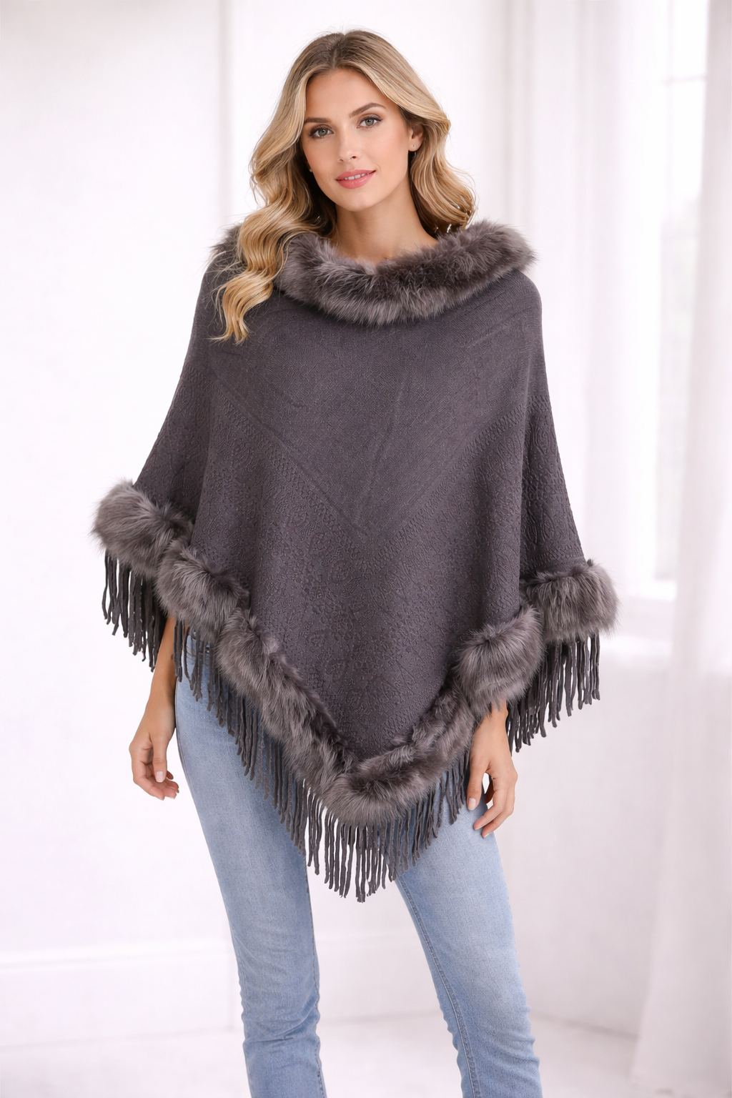 Grey One Size Faux Fur Poncho with Tassel