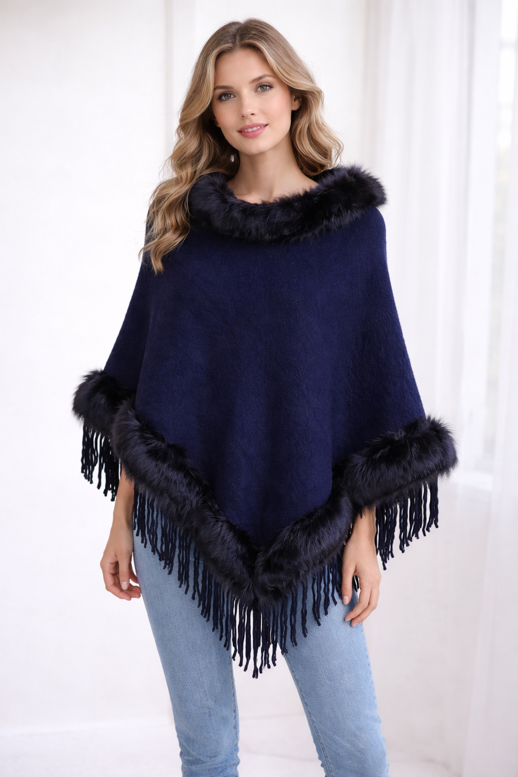 Navy One Size Faux Fur Poncho with Tassel