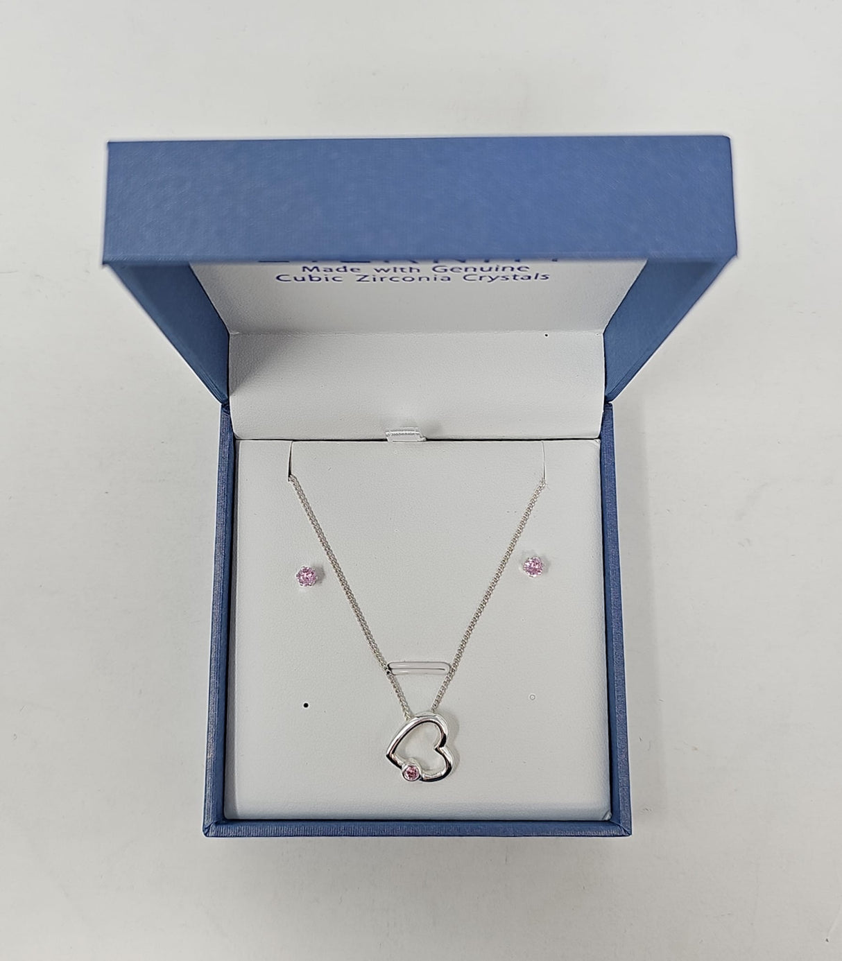 Eternity Cubic Zirconia Silver Cut Out Pink Heart Necklace & Earrings Set
