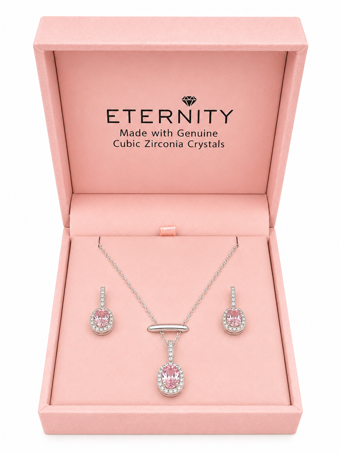 Eternity Cubic Zirconia Silver Pink Gem Necklace & Earrings Set