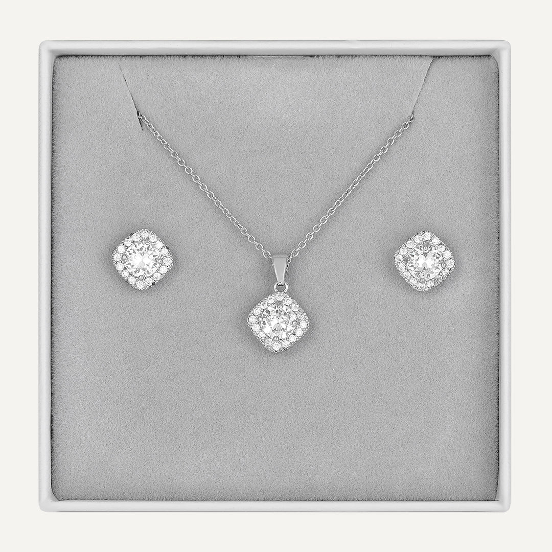 D&X Classic Silver Cushion Cut Halo Jewellery Set