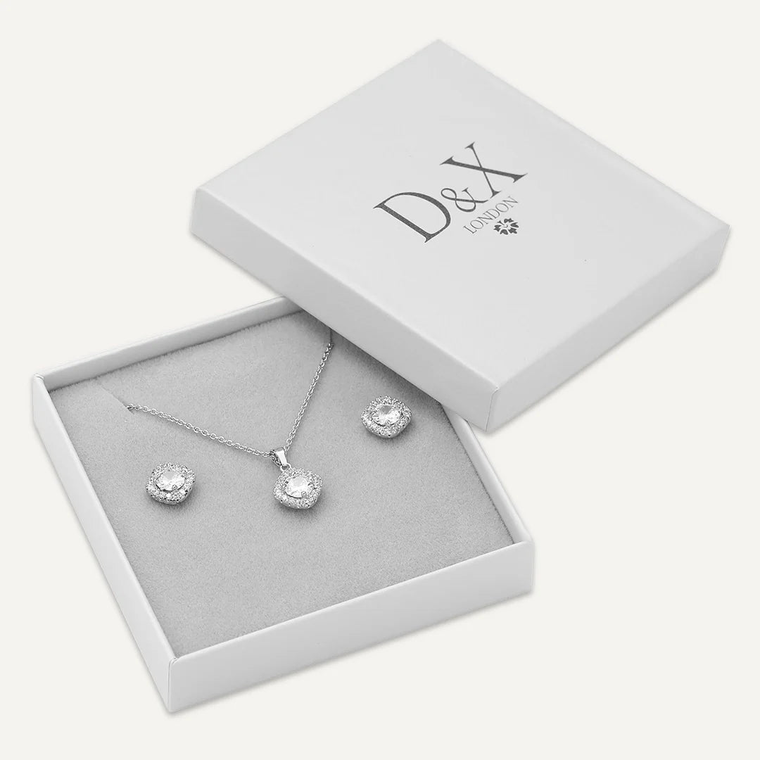 D&X Classic Silver Cushion Cut Halo Jewellery Set