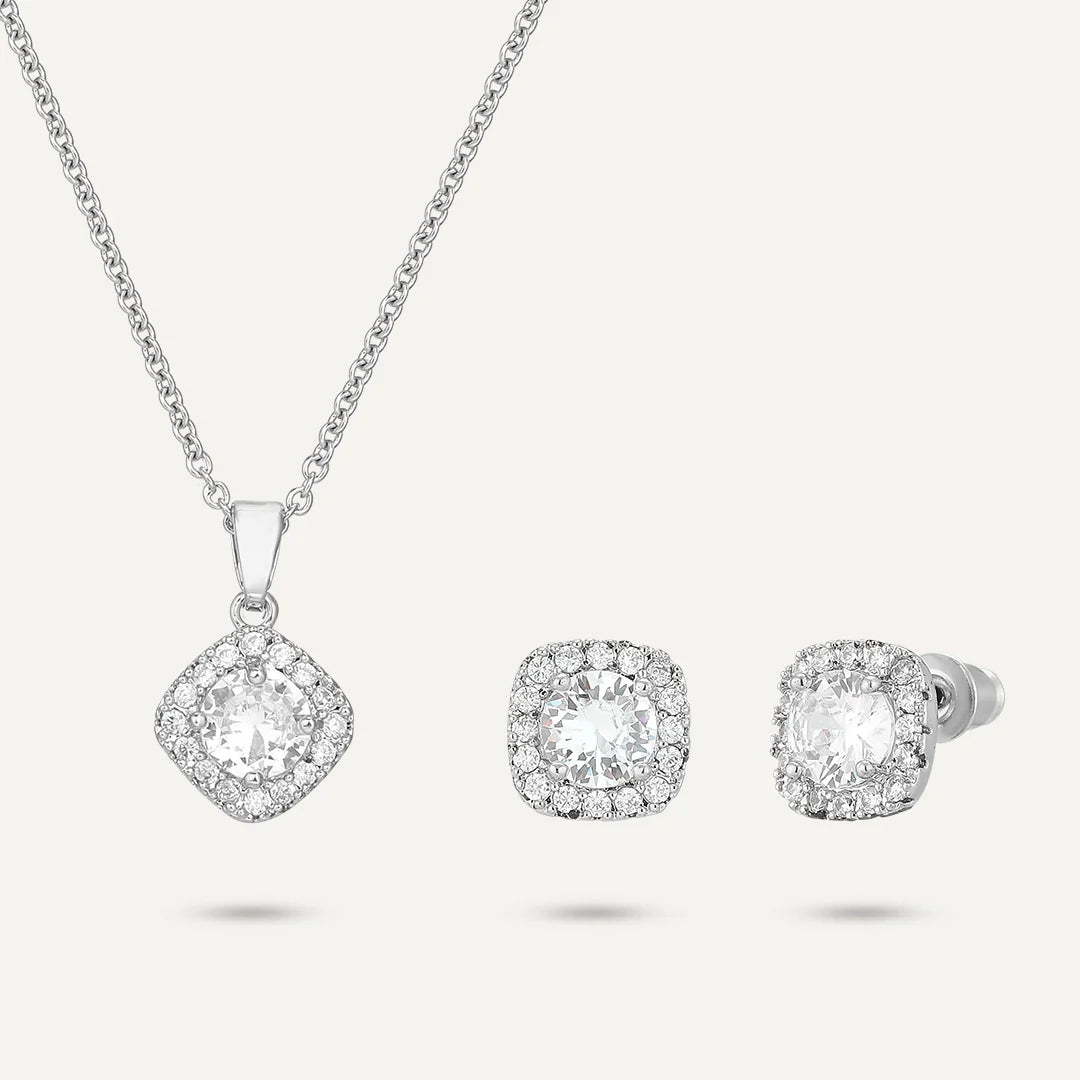 D&X Classic Silver Cushion Cut Halo Jewellery Set