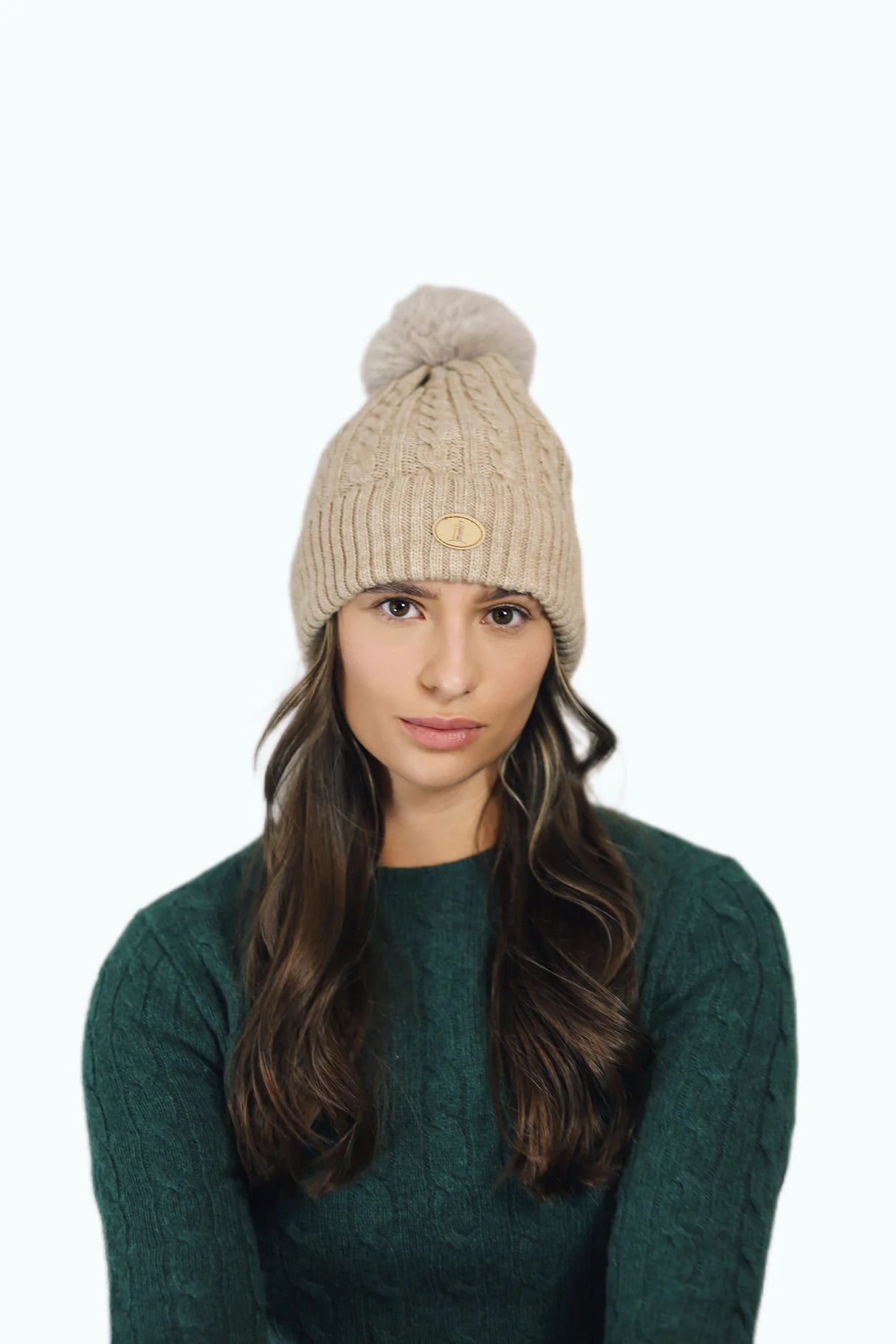 Beige Cable Knit Bobble Hat