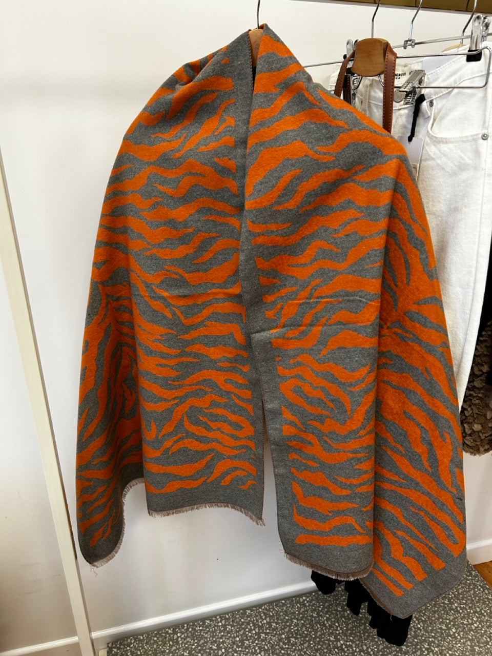 Grey & Orange Zebra Print Wool Blend Scarf