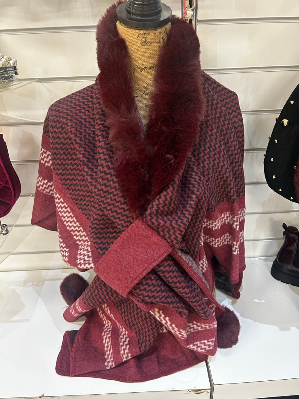 Faux Fur Trimmed Burgundy Printed Poncho
