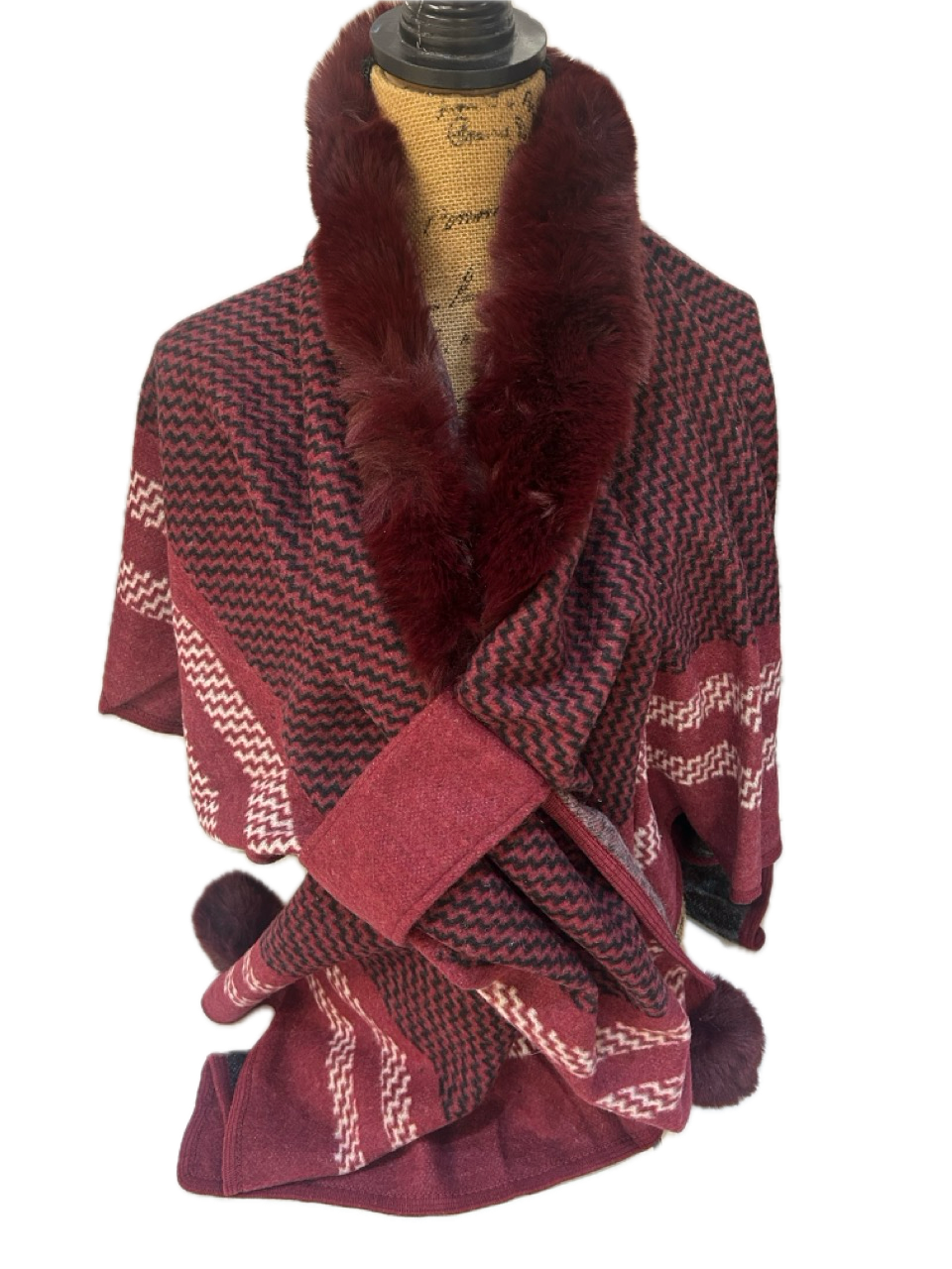 Faux Fur Trimmed Burgundy Printed Poncho