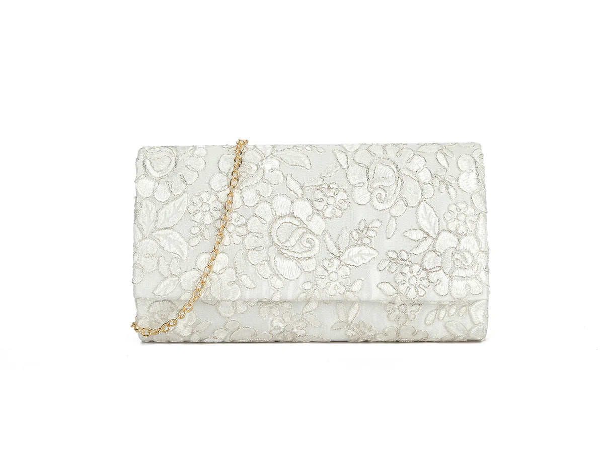 Ivory White Floral Shimmer Clutch Bag