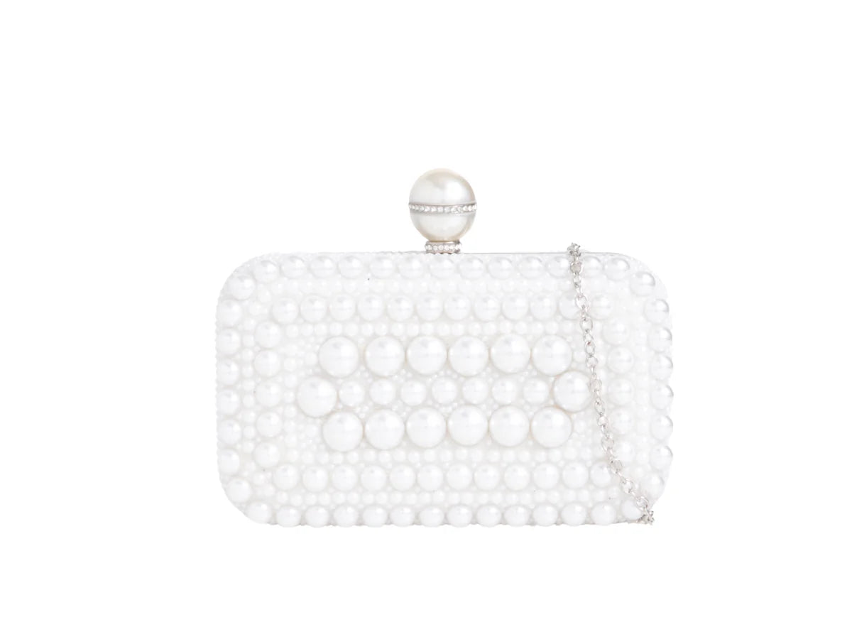 White Bubble Pearl Bridal Box Clutch Bag