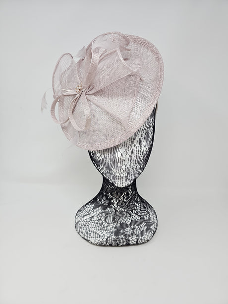 Metallic Pearl Silver Feather & Bow Round Disc Fascinator