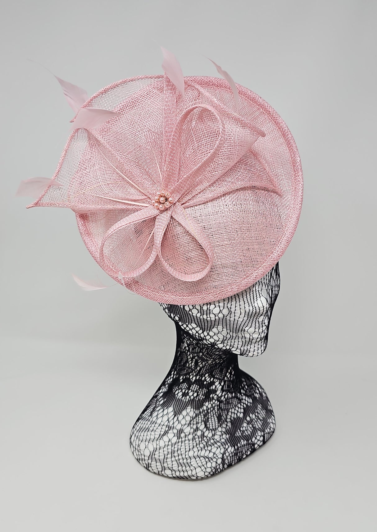 Rose Pink Feather & Bow Round Disc Fascinator