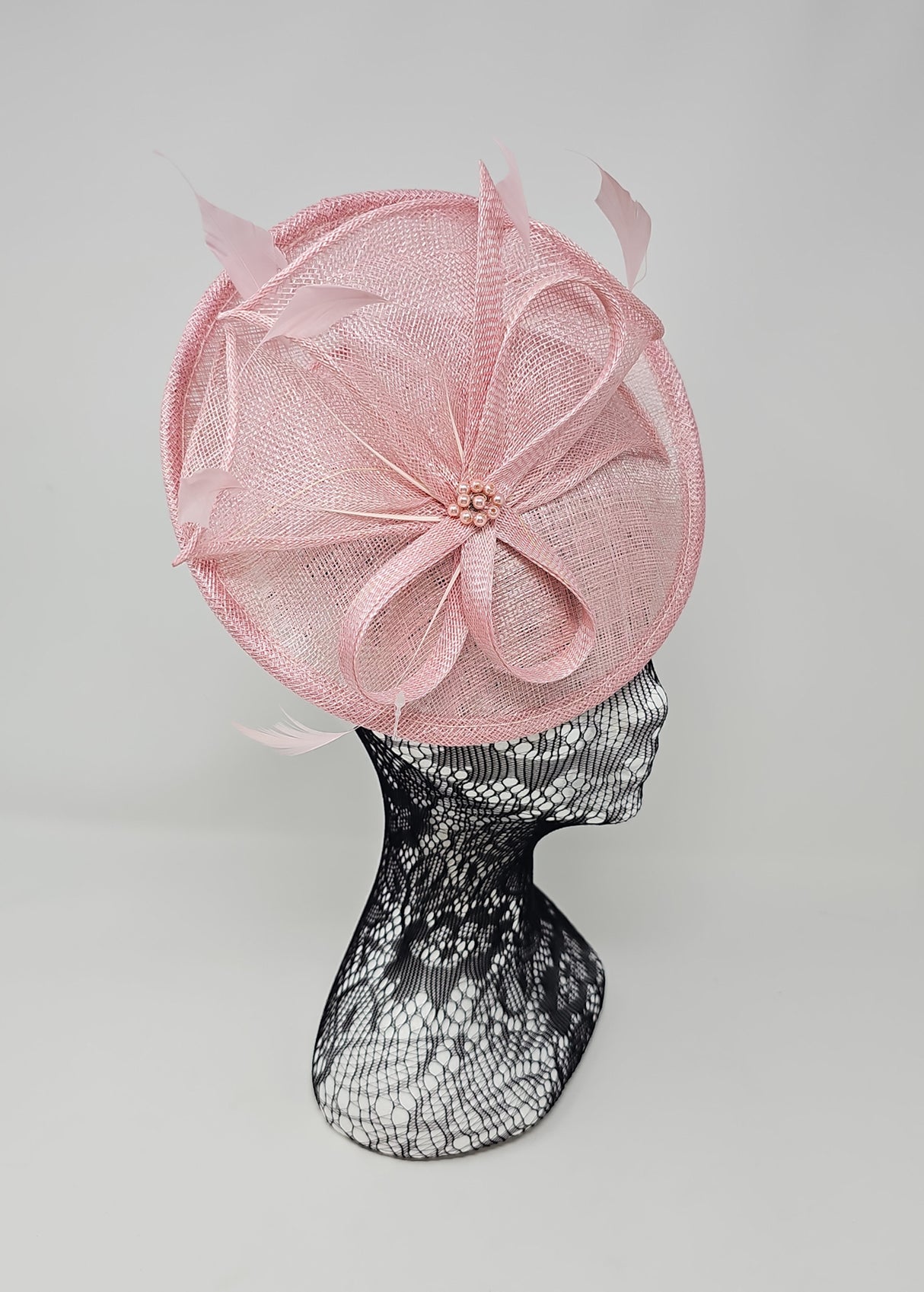 Rose Pink Feather & Bow Round Disc Fascinator