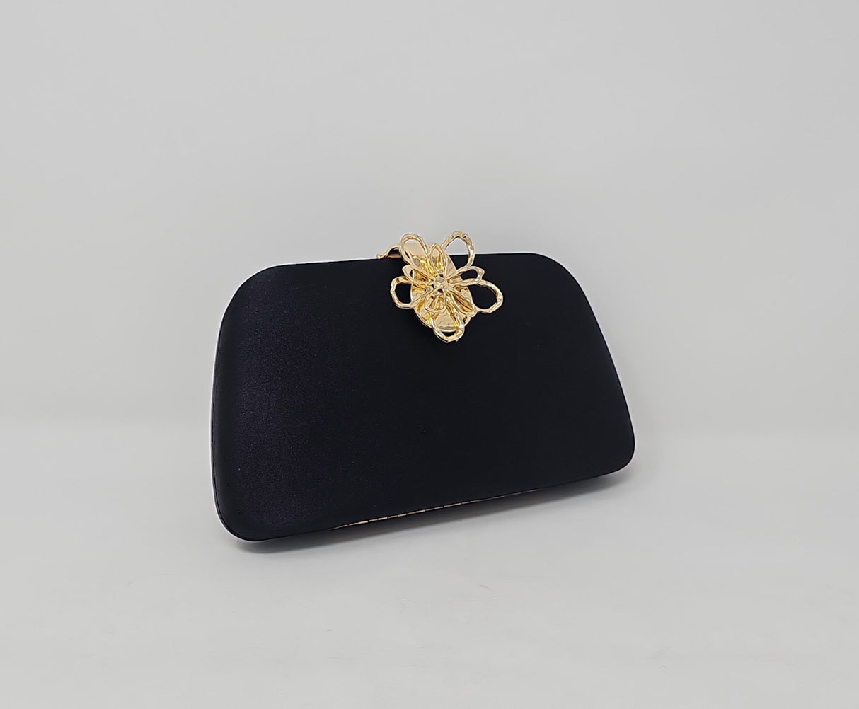 Black Satin & Gold Flower Box Clutch Bag