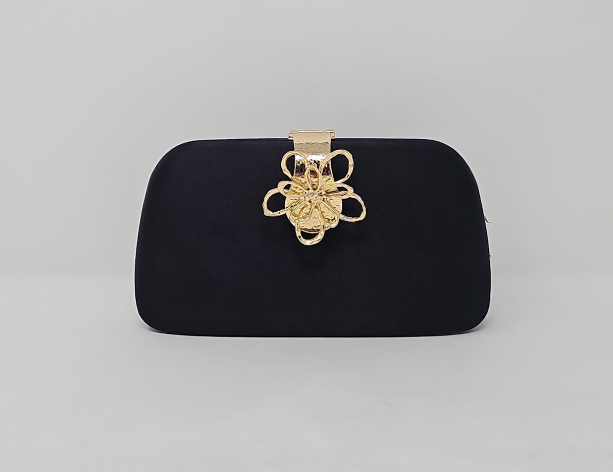 Black Satin & Gold Flower Box Clutch Bag