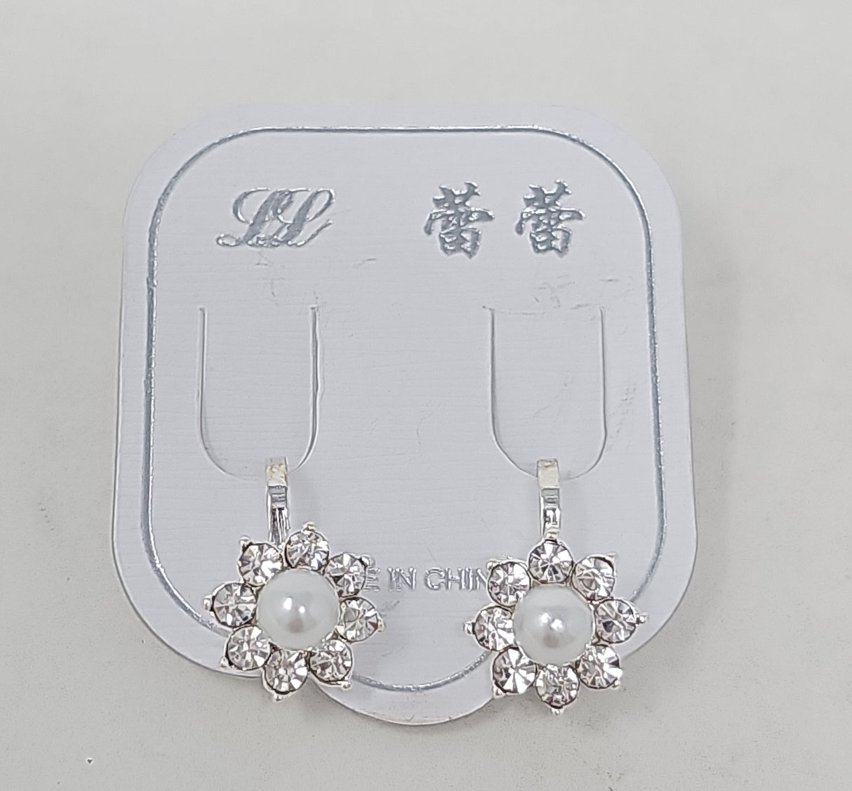 Crystal Silver Pearl Daisy Clip On Earrings