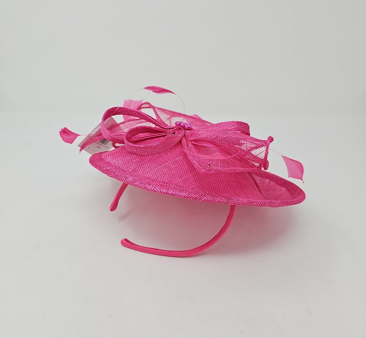 Lipstick Pink Feather & Bow Round Disc Fascinator
