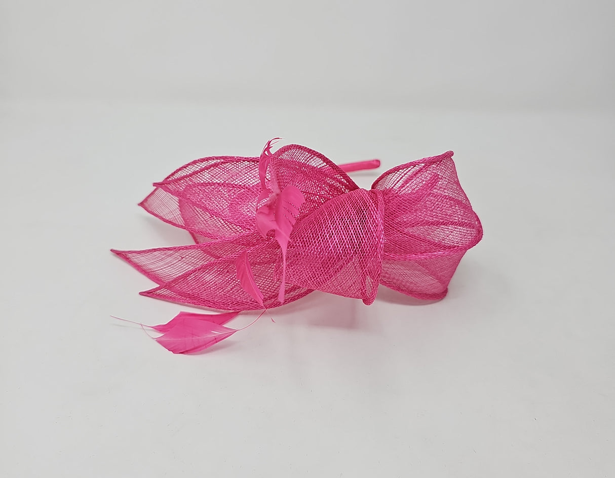 Lipstick Pink Sinamay Loop & Feather Hairband Fascinator