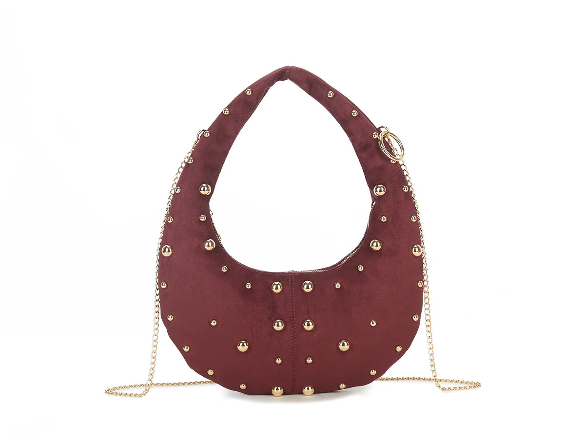 Burgundy & Gold Studded Half Moon Handbag