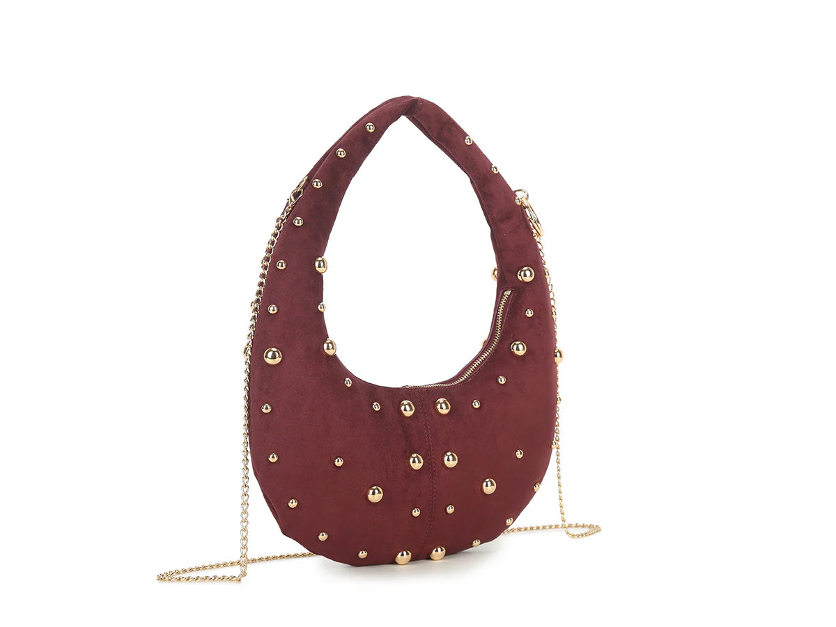 Burgundy & Gold Studded Half Moon Handbag