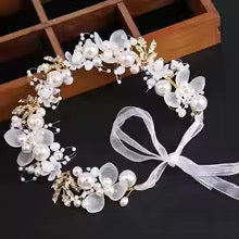 Ivory & Gold Pearl Hair Vine With Lace Tie