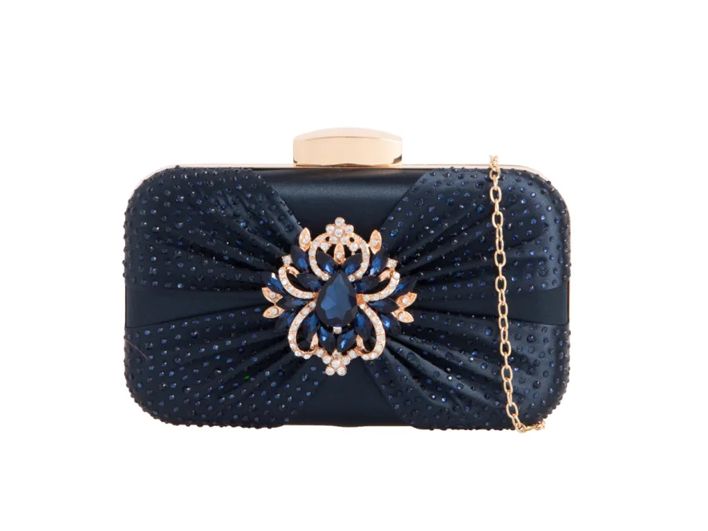 Navy Satin & Diamante Hard Clutch Bag