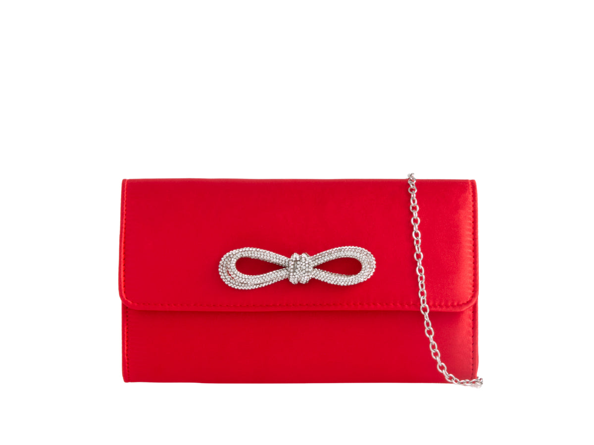 Red Satin Crystal Bow Clutch Bag