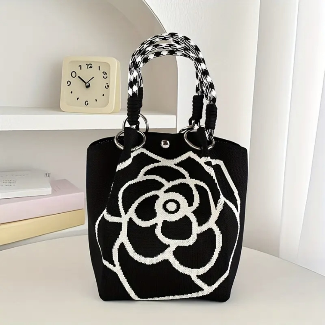 Camellia Black Knitted Casual Tote Bag