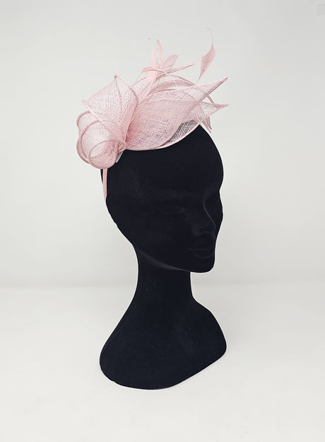 Rose Pink Sinamay Loop & Feather Hairband Fascinator