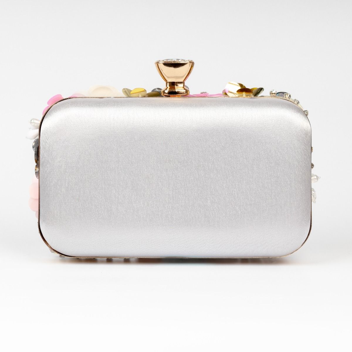Floral Crafted Silver Satin Clutch Bag