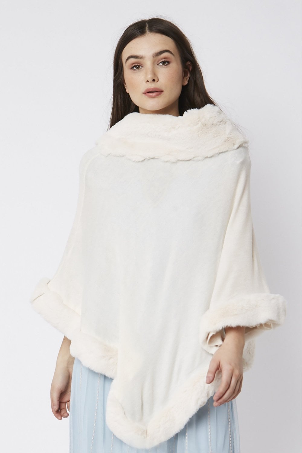 Ivory Faux Fur Trim Poncho