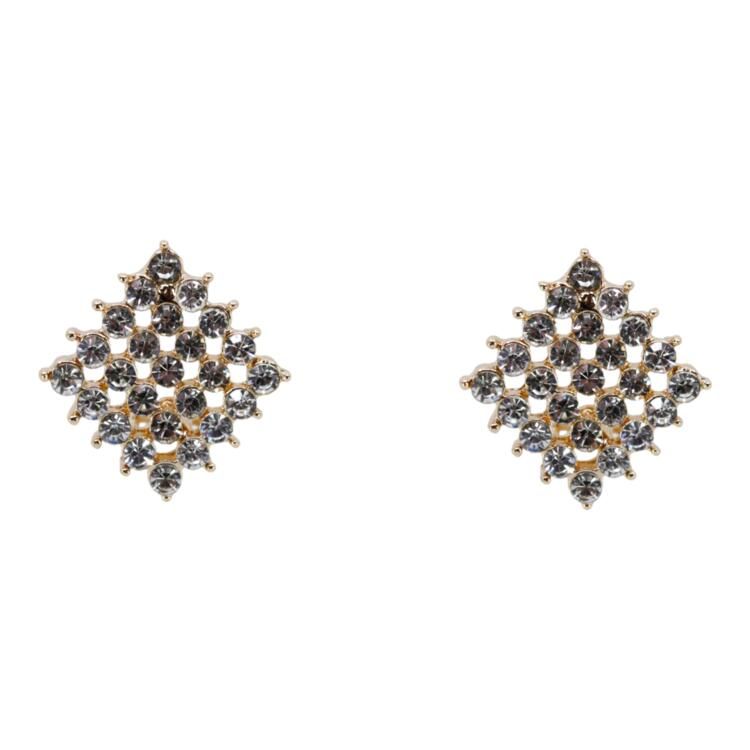 Gold Crystal Diamond Shape Large Clip On Earrings