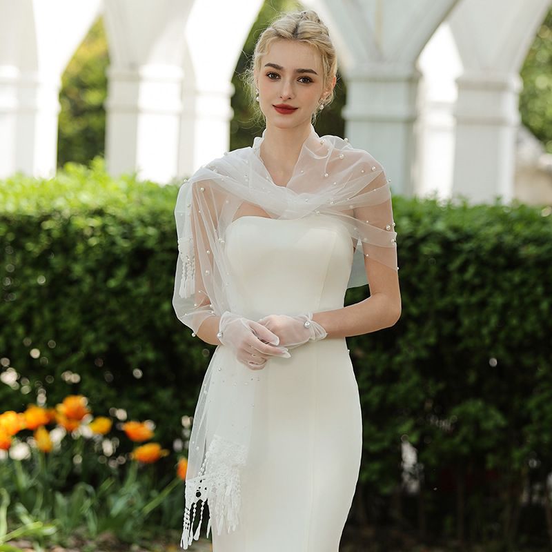 Pearl Embellished Bridal White Scarf