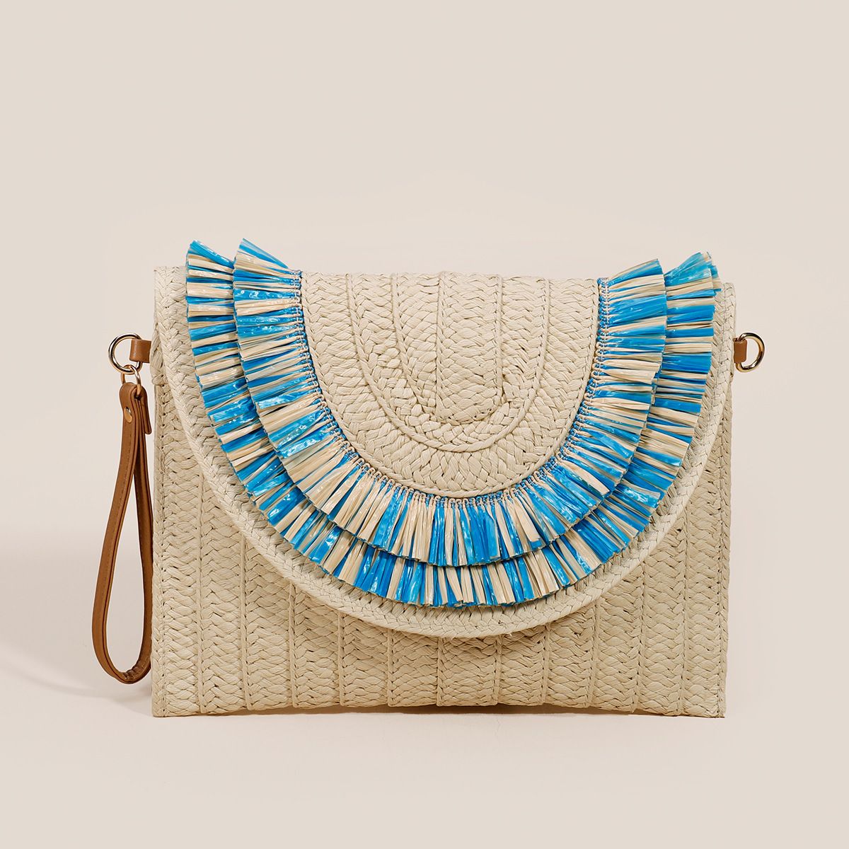 Nude Blue Frilly Straw Handbag