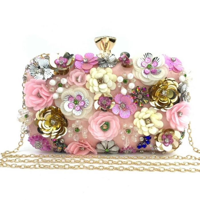 Floral Crafted Baby Pink Satin Clutch Bag