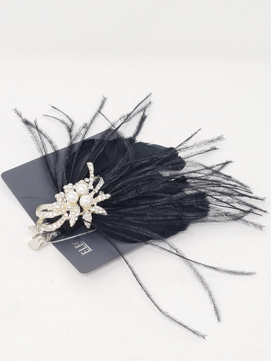 Amelia Black Crystal & Pearl Feather Hairpiece - Franklins