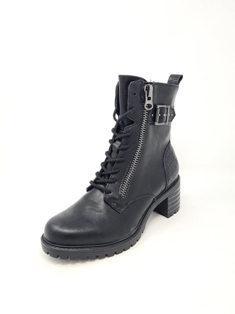Black Lace Up Mid Heel Biker Boots - Franklins