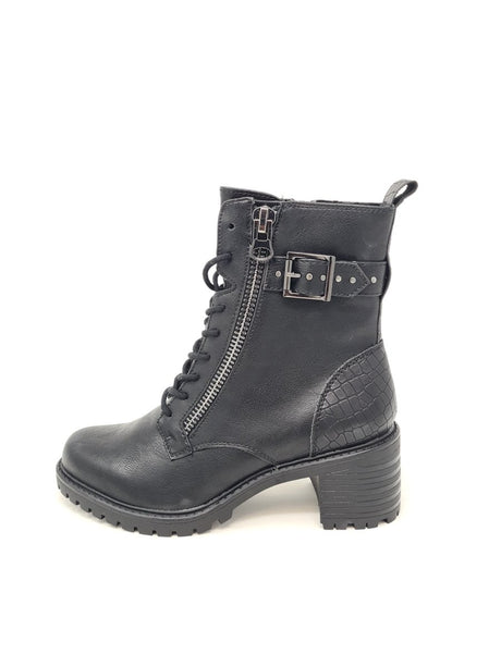 Black Lace Up Mid Heel Biker Boots - Franklins