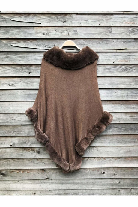 Mocha Faux Fur Trim Poncho - Franklins