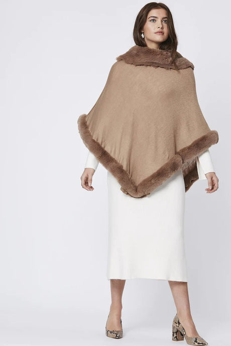 Mocha Faux Fur Trim Poncho - Franklins