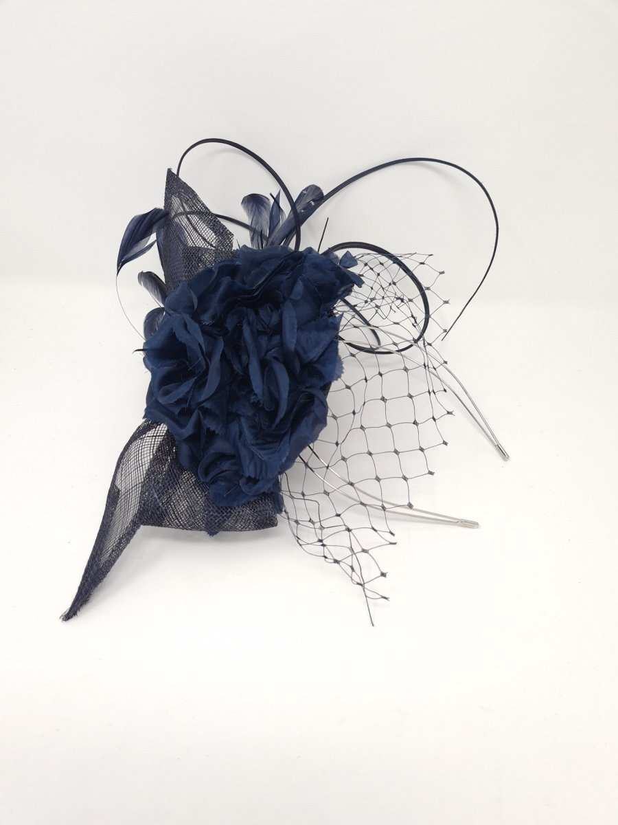 Navy Flower Feather And Net Pillbox Style Fascinator - Franklins