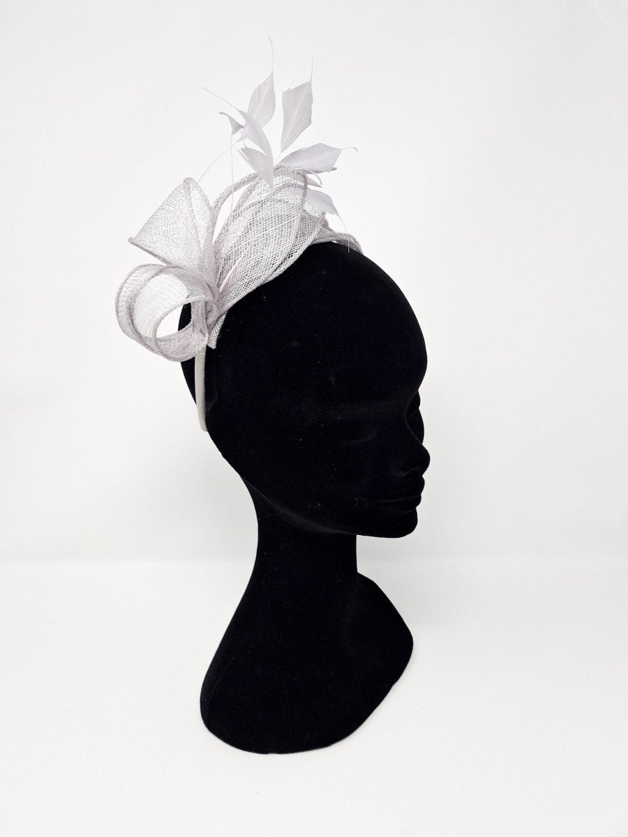 Pearl Silver Grey Sinamay Loop & Feather Hairband Fascinator - Franklins
