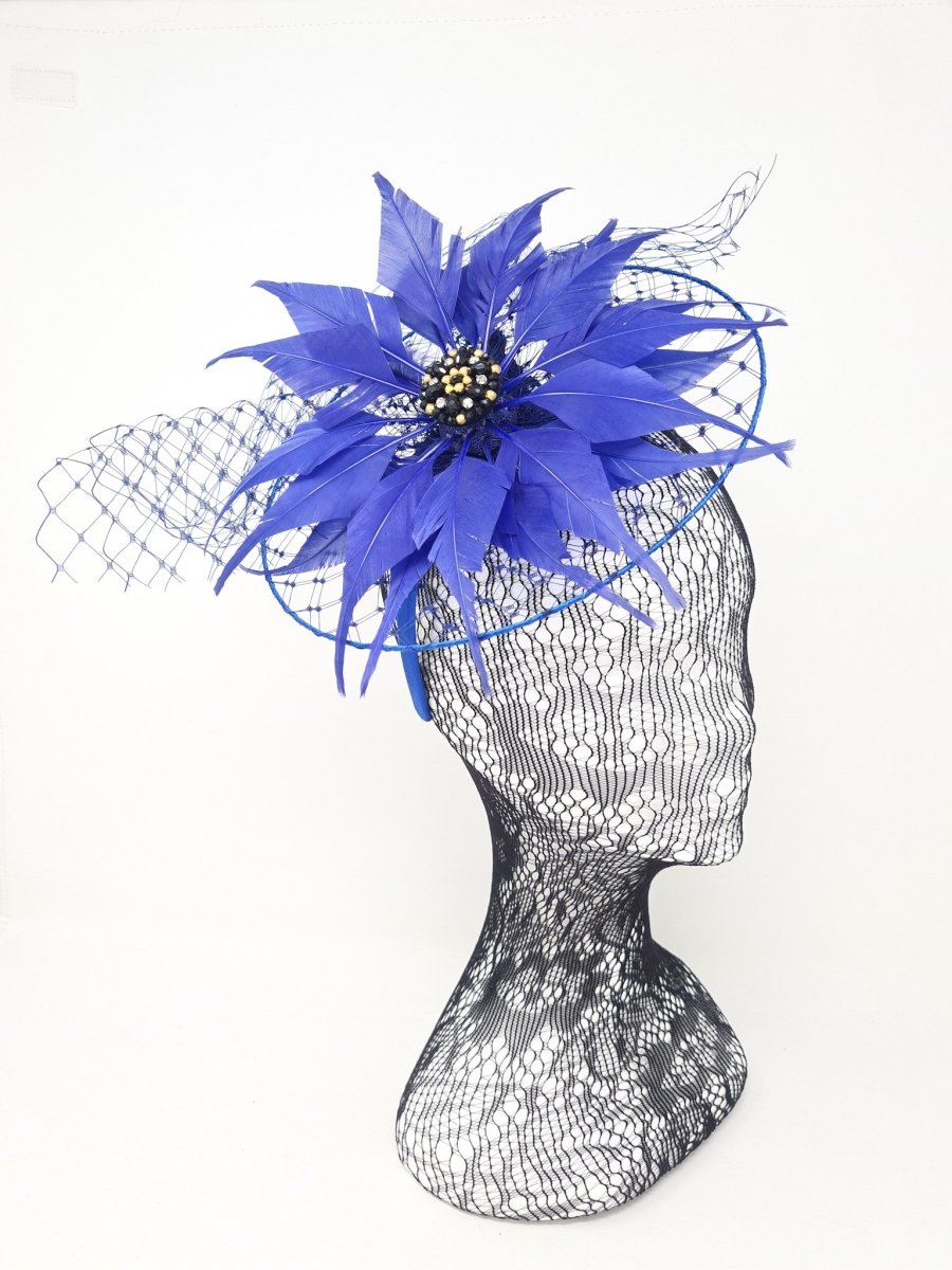 Royal Blue Net Feather Disc Fascinator - Franklins