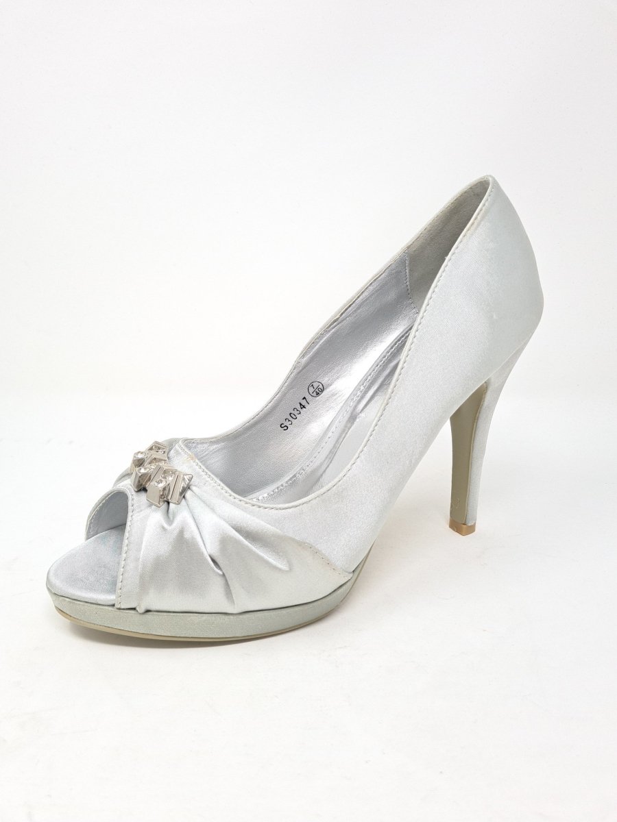 Silver Satin Peep Toe Stiletto (Size 7) - Franklins